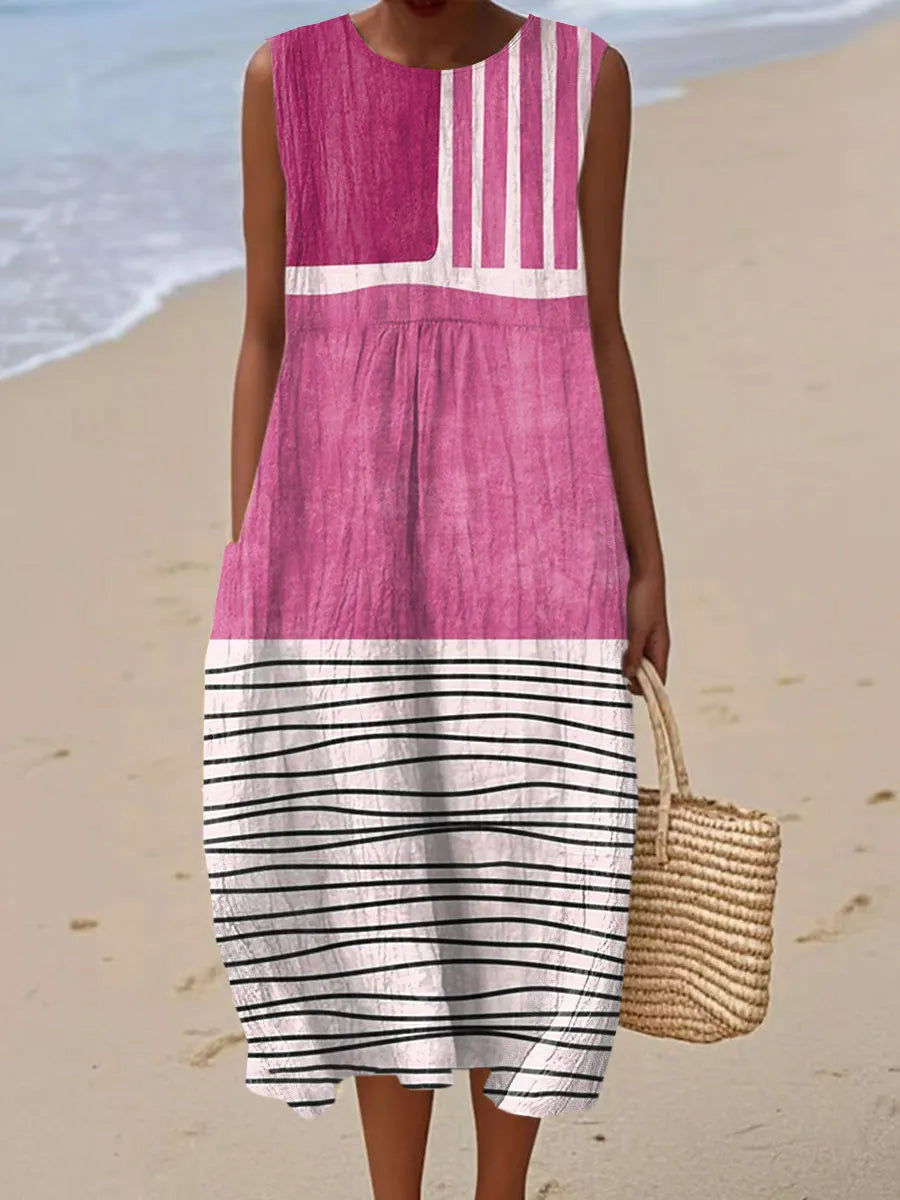 Women's Vintage Abstract Geometry Art Print Sleeveless Cotton Pocket Wrap Dress