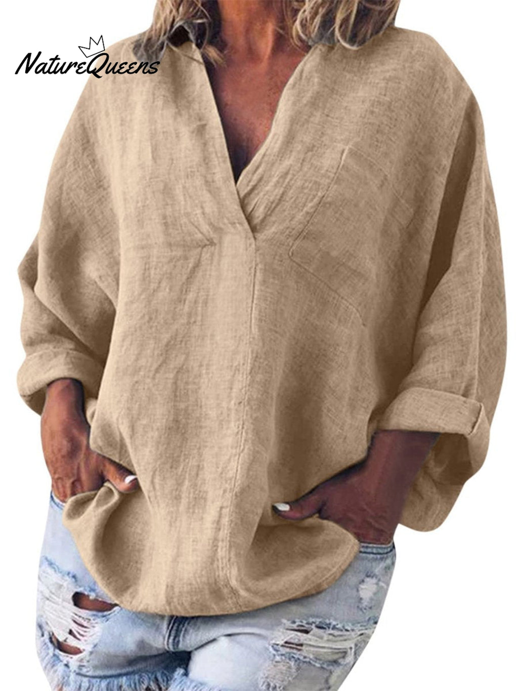 Women's Cotton and Linen V-neck Long-sleeved Pullover Top