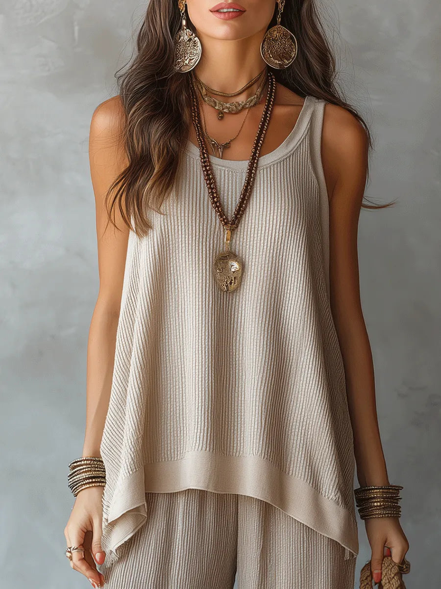 Effortless Boho Sleeveless Textured Top & Wide-Leg Pants Set