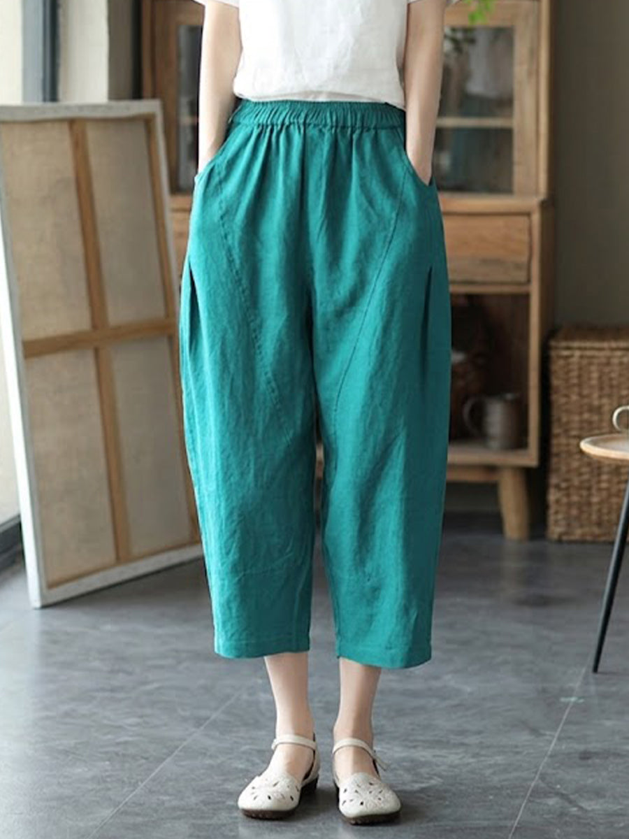 Casual Elastic-waist Linen And Cotton Trousers