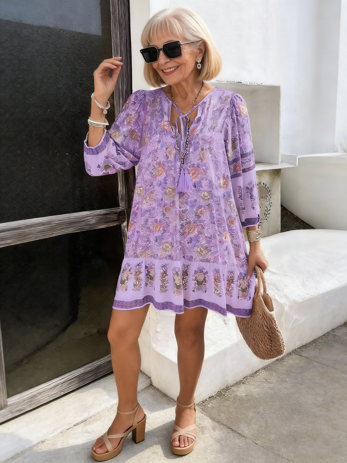Vacation Dress Printed Shirt Casual Bohemian Vacation V-Neck Dress