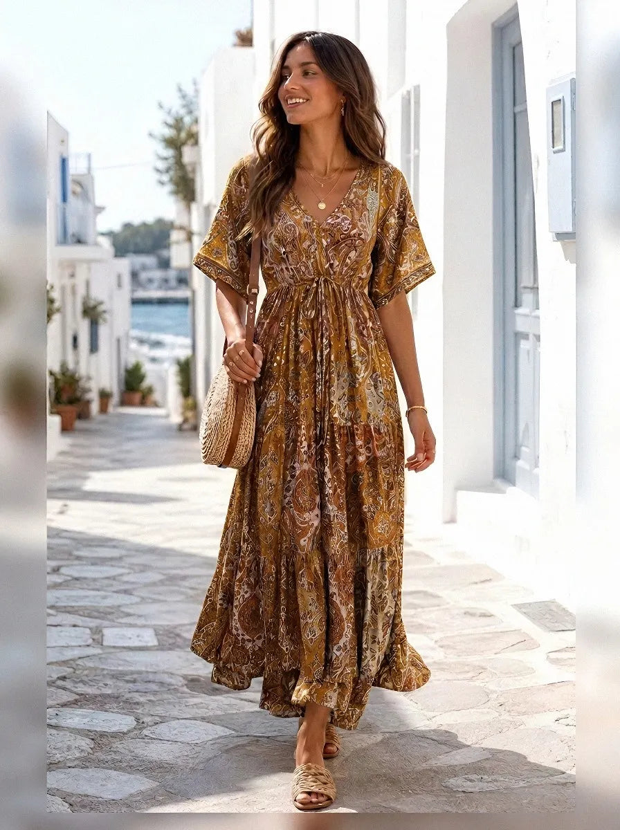 Women's Bohemian V-Neck Paisley Floral Printed Maxi Dress