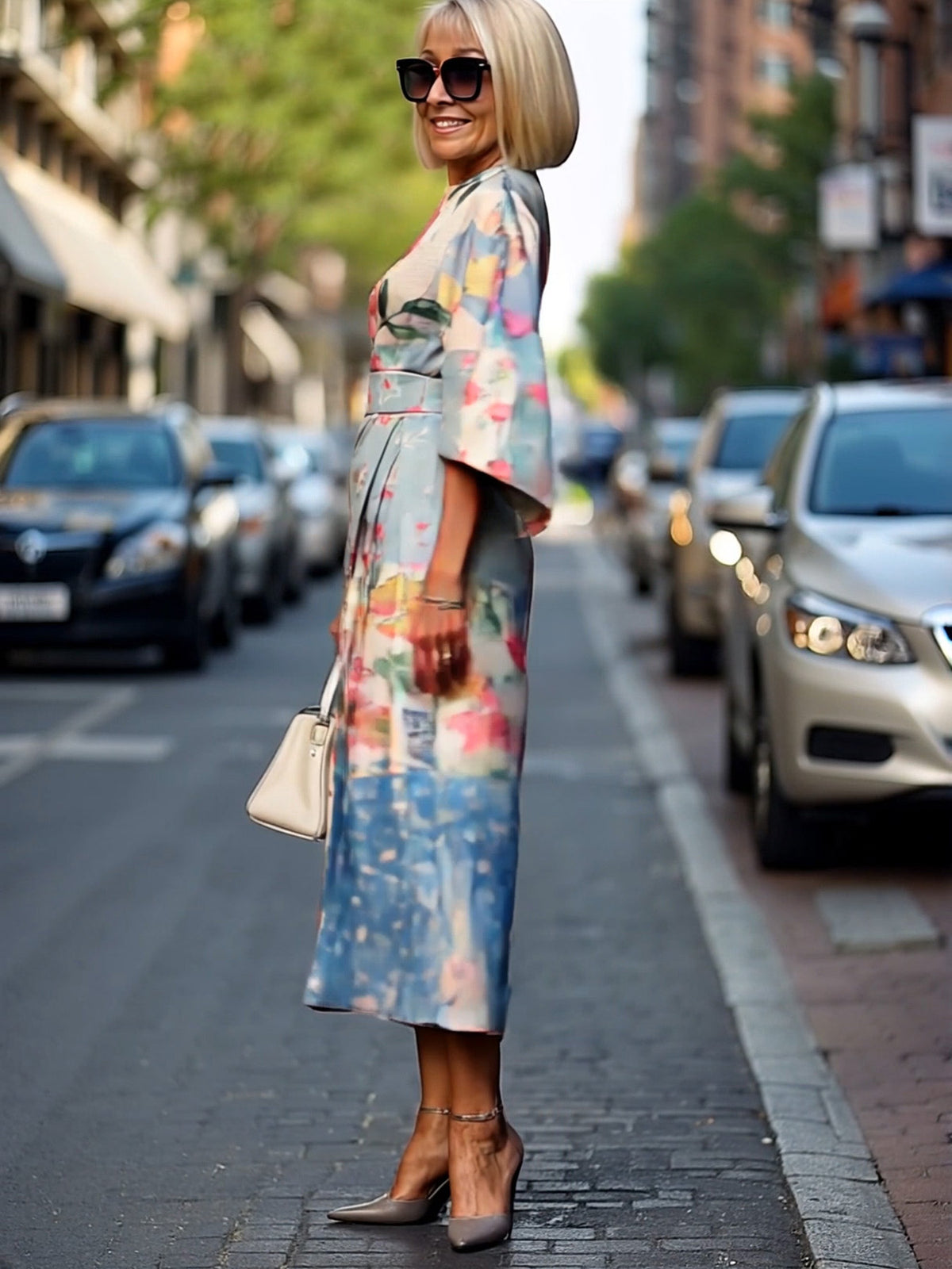 Formal Dress Hip Wrap Skirt Waist Party Skirt Round Neck Sleeve Design Dress