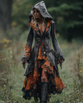 Halloween Themed Irregular Contrast Embroidered Patchwork Hooded Dress cb98