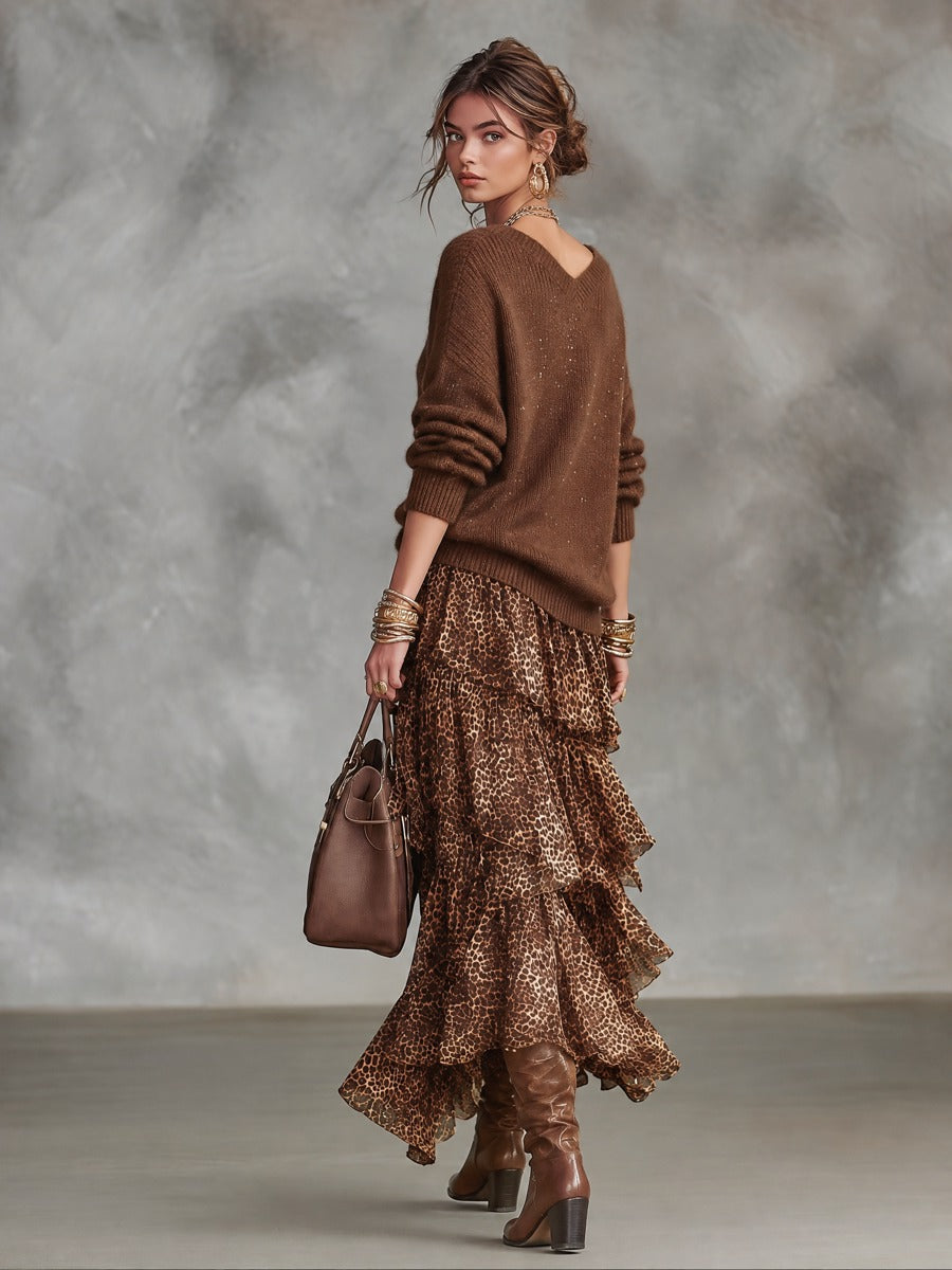 Oversized V-Neck Sweater & Leopard Print Tiered Ruffle Maxi Skirt Set