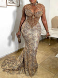 Fashion Stand Collar Long Sleeve Beaded Shiny Wrap Evening Maxi Dress