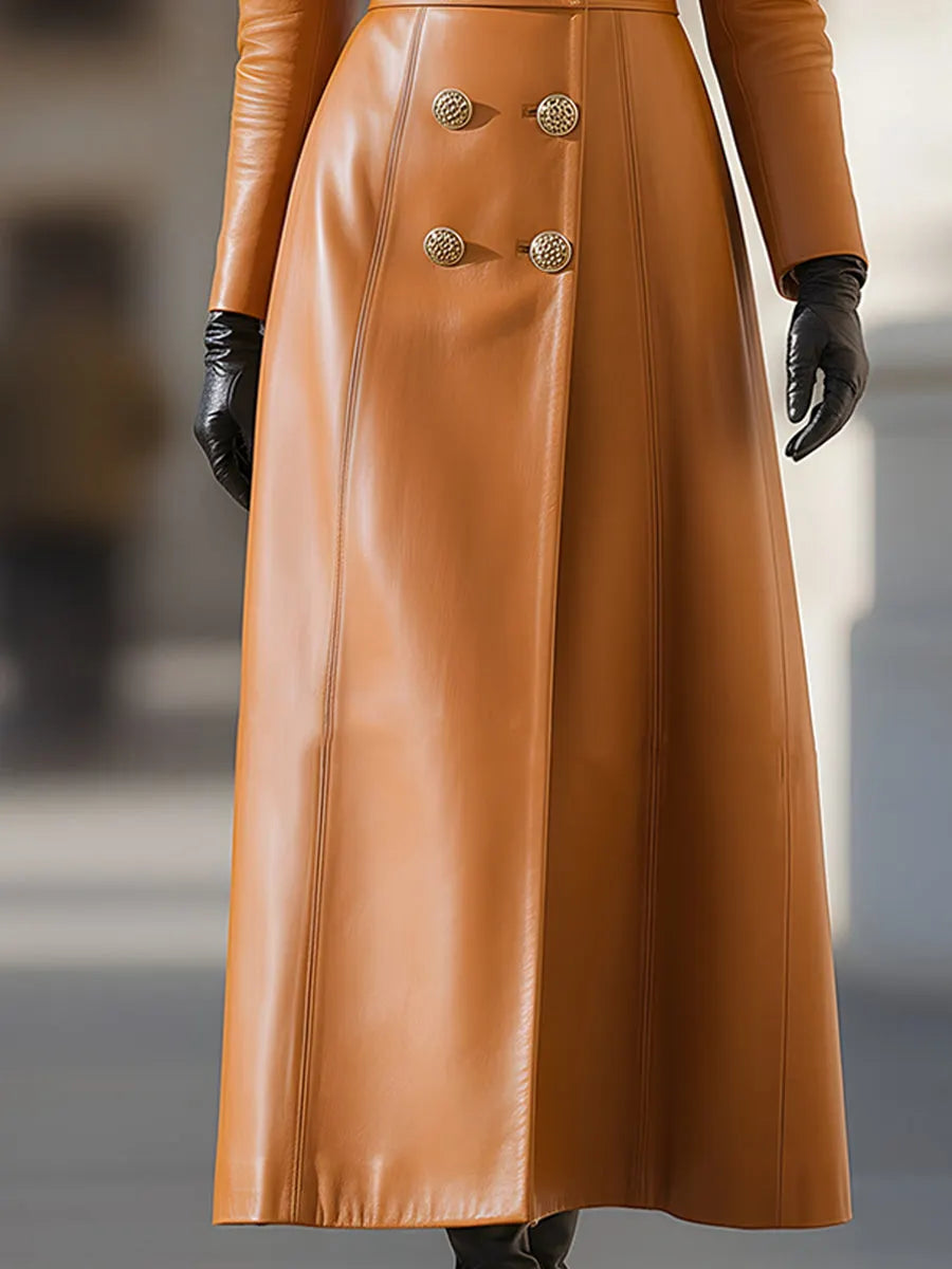 Caramel Leather Double-Breasted Coat With Fur Collar