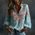 Women's Spring Floral Embroidered Art Print Flowy Linen Blend Long Sleeve Tops