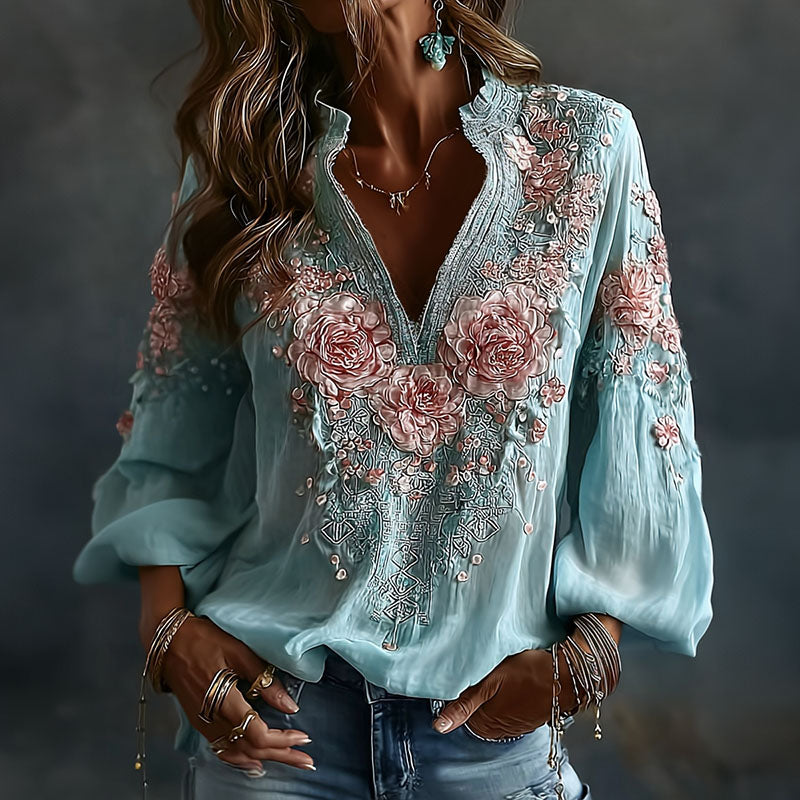 Women's Spring Floral Embroidered Art Print Flowy Linen Blend Long Sleeve Tops