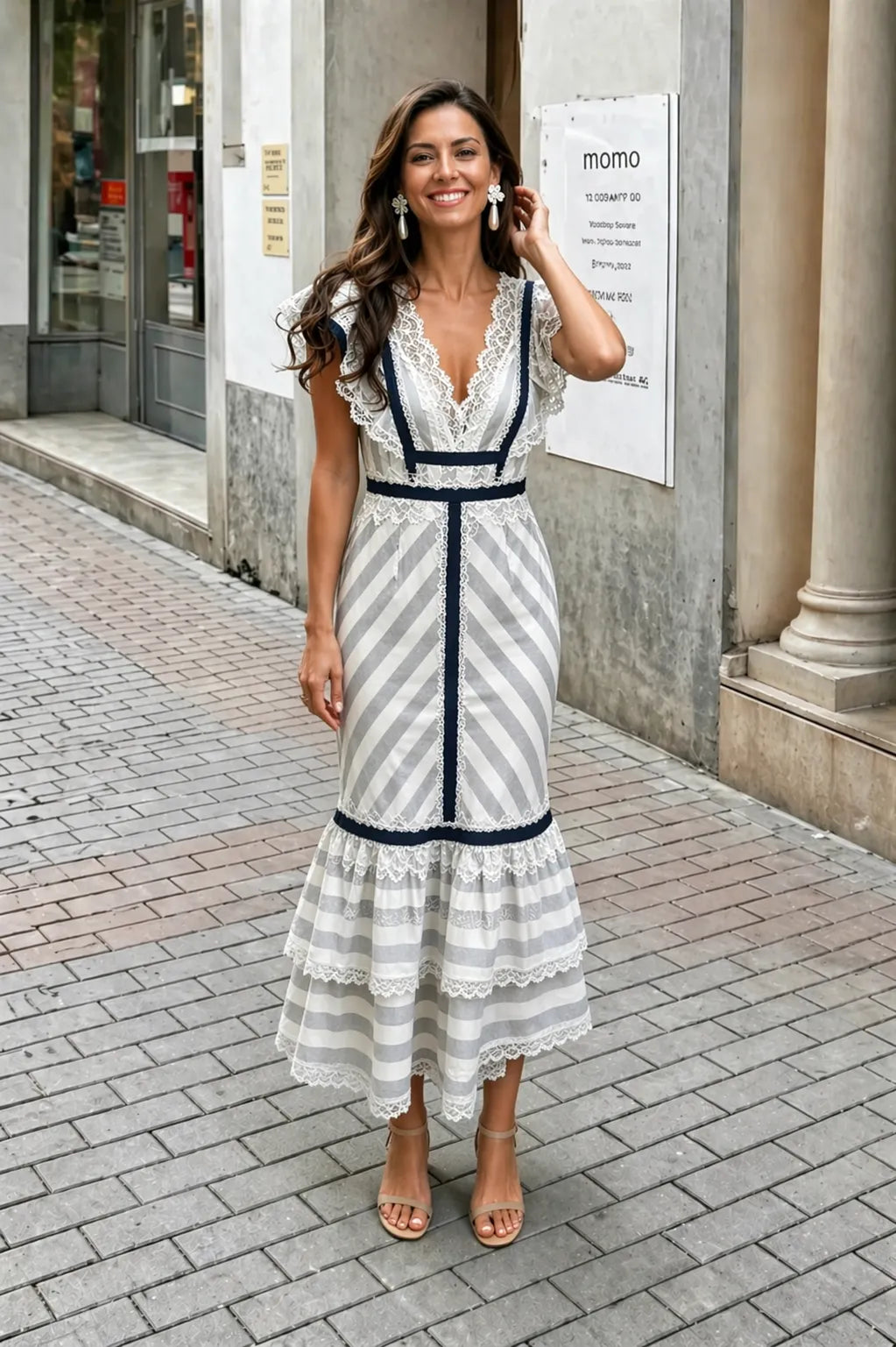 Striped Lace Ruffle Deep V Neck Midi Dress