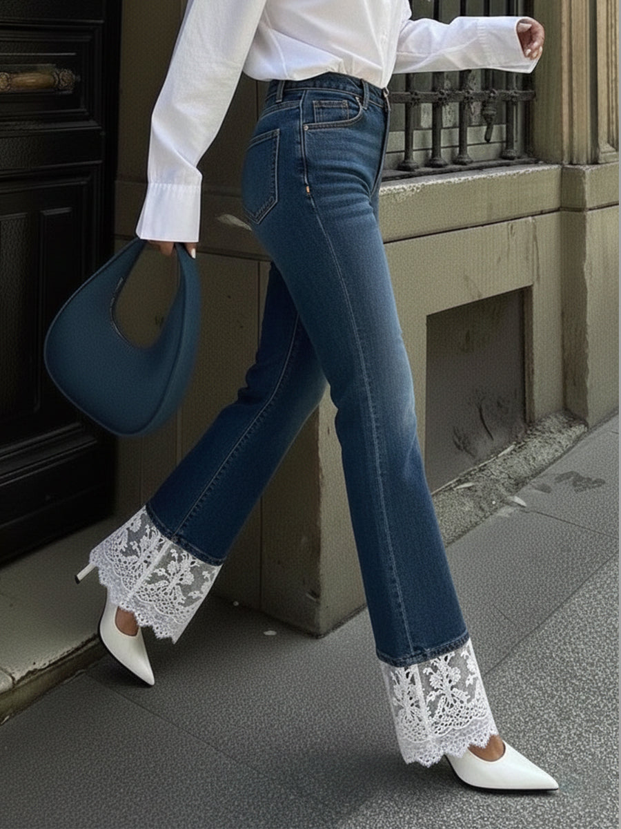 Casual Patchwork Lace Denim Jeans