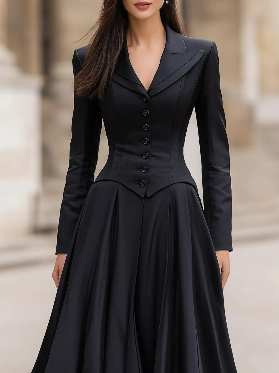 Elegant Tailored Waist Long-Sleeve Maxi Dress