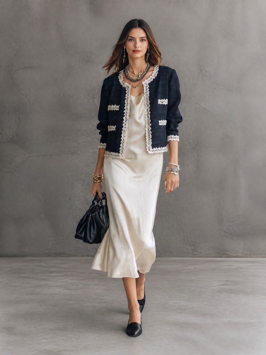 Tweed Lace-Trim Cropped Jacket & Satin Slip Dress Two-Piece Set