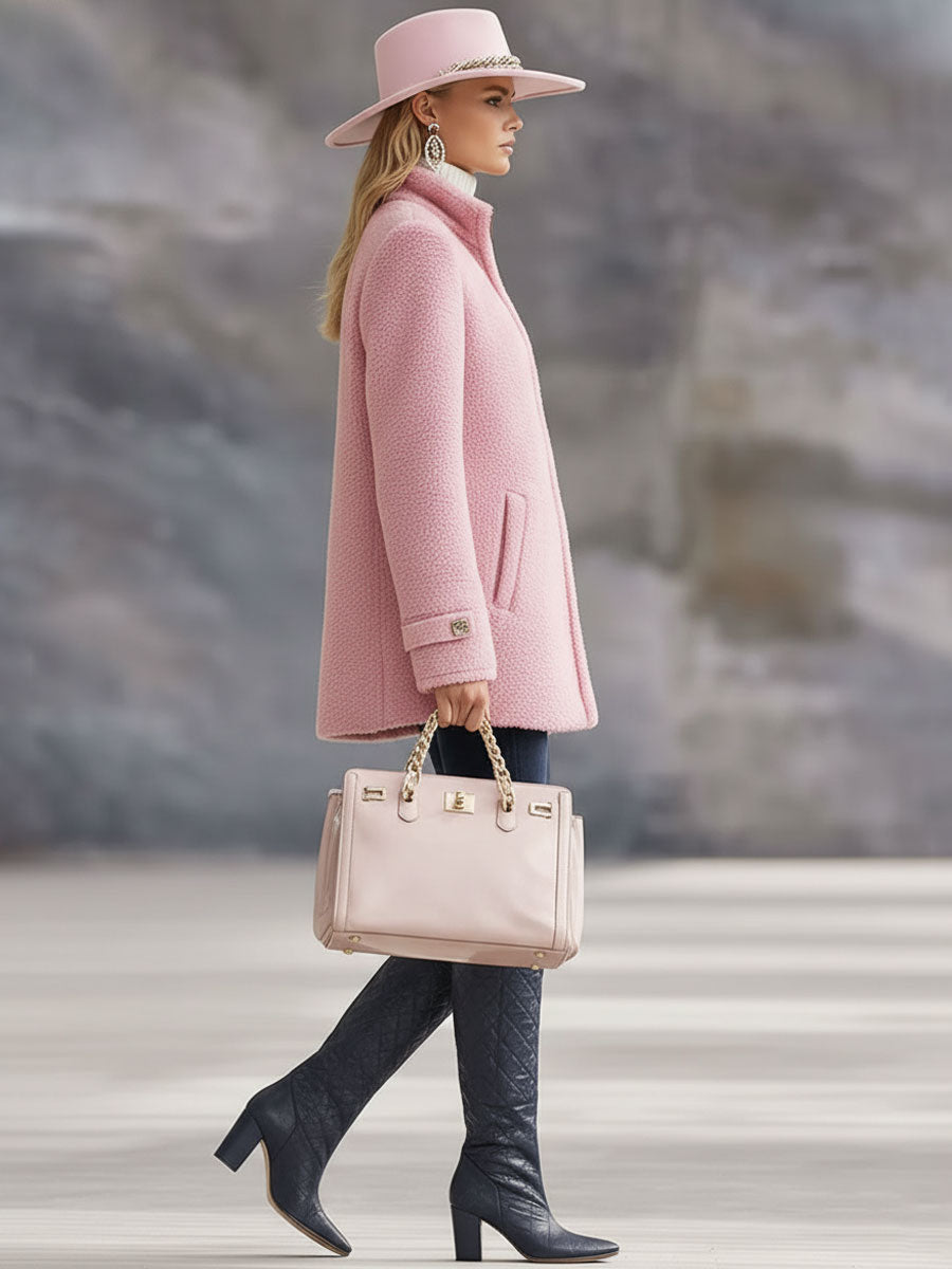 Casual Vintage Pink Polar Fleece Zip-Up Jacket Coat