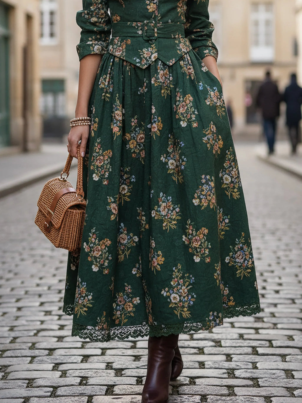 Linen Shirt, Long Sleeves, Shawl Collar, Floral, Button Design, Vintage, Green