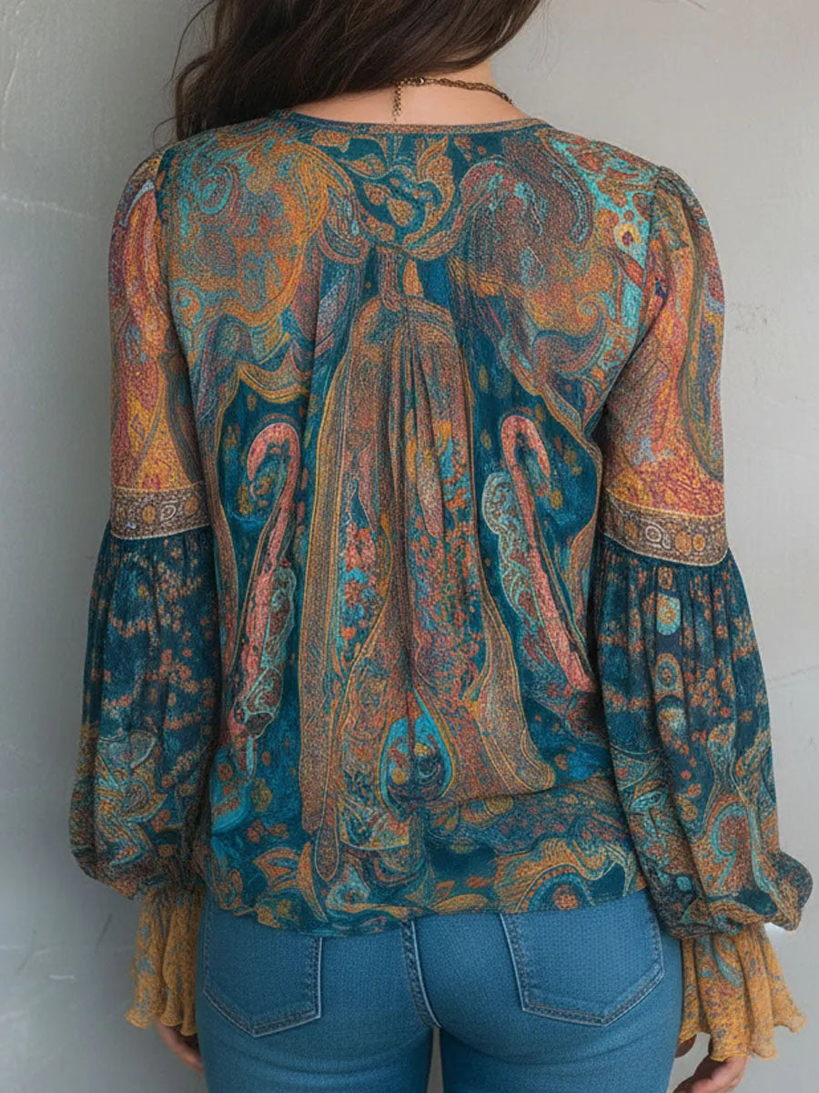 Bohemian Teal & Amber Paisley Chiffon Blouse With Ruffled Cuffs