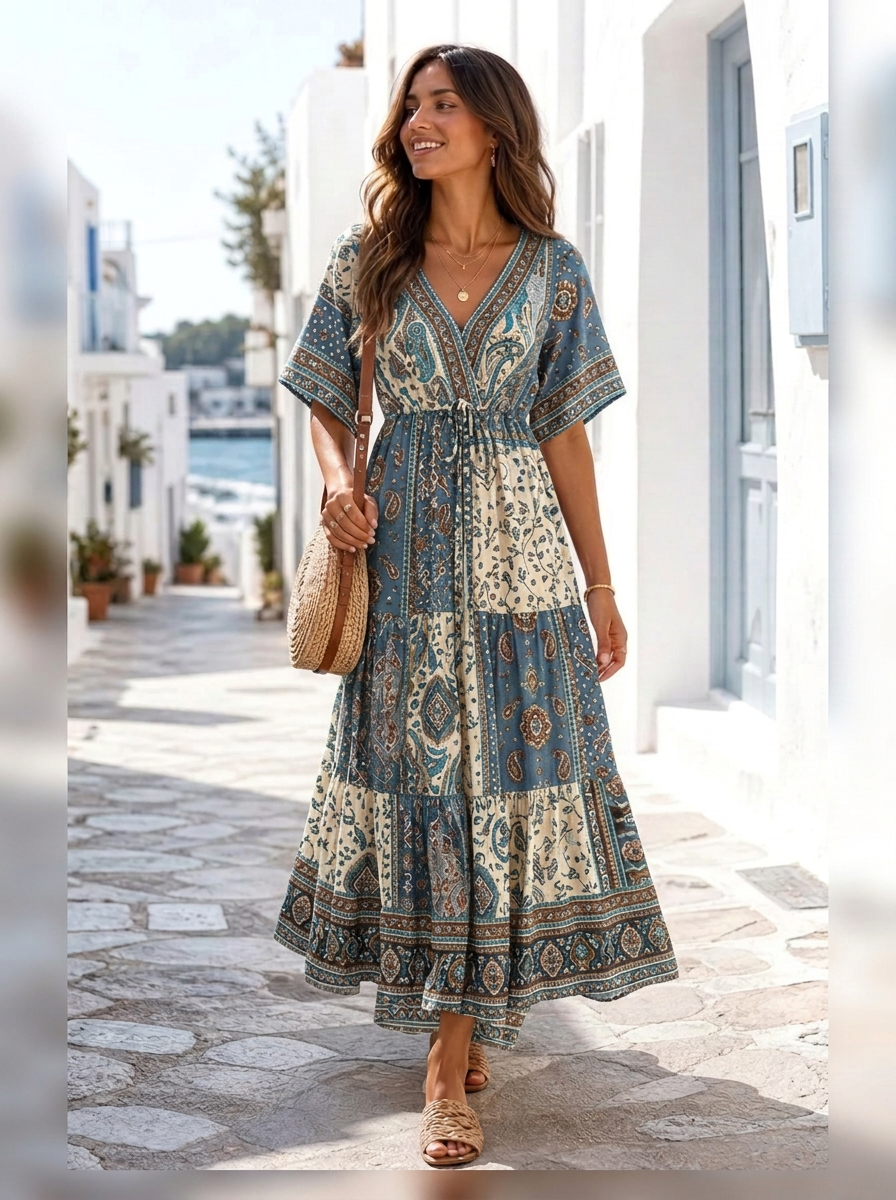 Women's Bohemian V-Neck Paisley Floral Printed Maxi Dress