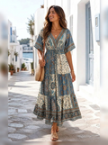 Women's Bohemian V-Neck Paisley Floral Printed Maxi Dress