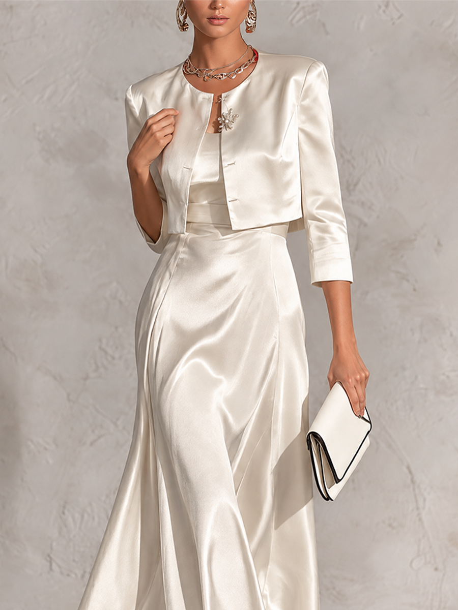 Elegant Ivory Satin Cropped Jacket & Maxi Dress Set