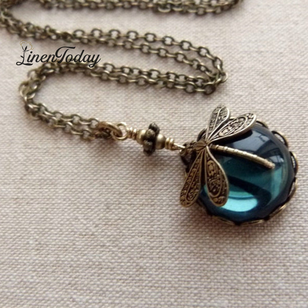 Vintage Dragonfly Green Crystal Boho Jewelry Necklace