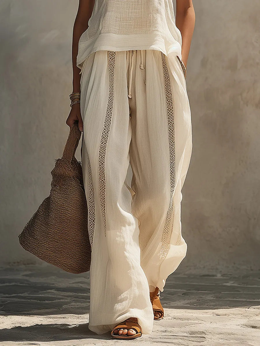 Boho Slub Linen Sleeveless Blouse & Lace-Trimmed Wide-Leg Pants Set