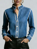 Women's Stand Collar Long Sleeve Casual Loose Denim Shirt