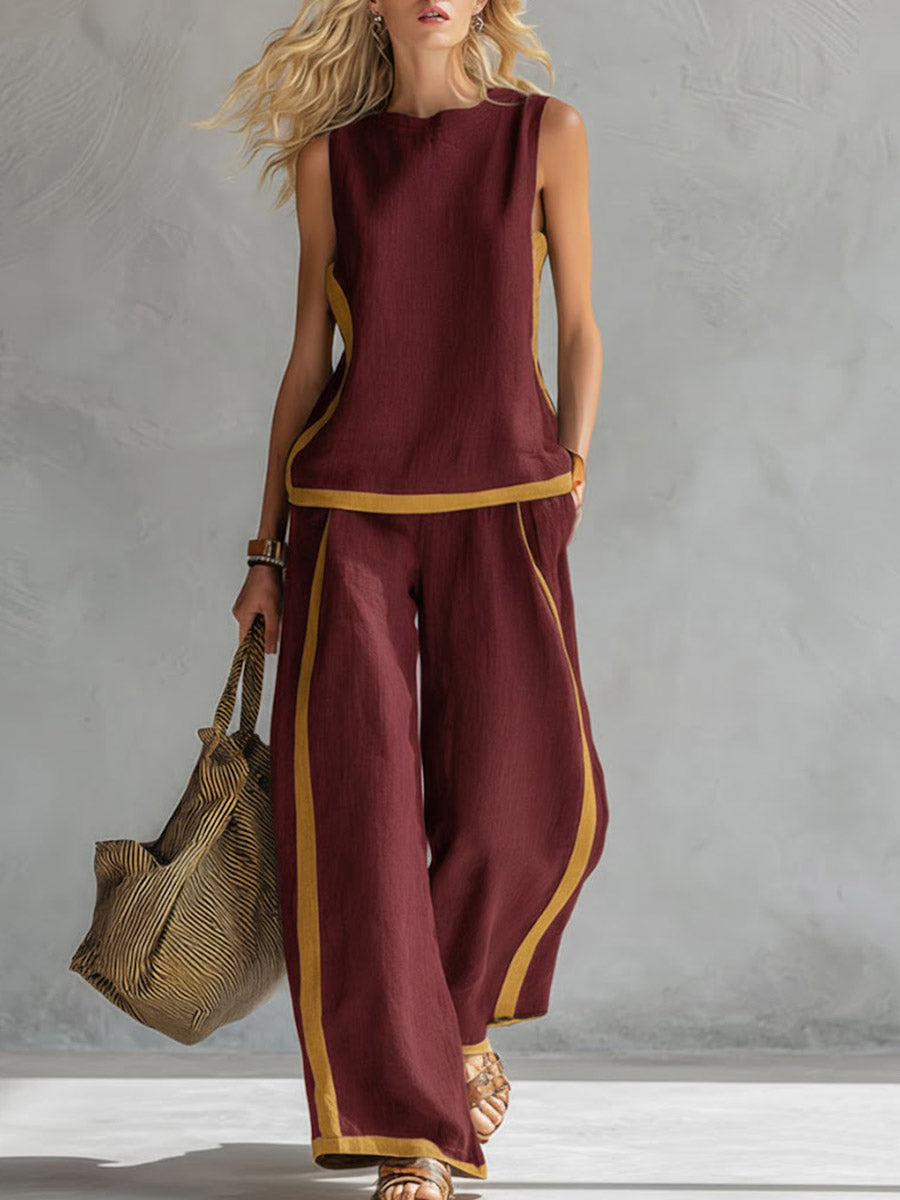 Women's Round Neck Sleeveless Casual Loose Top And High-waisted Loose Wide-leg Pants Cotton And Linen Set.