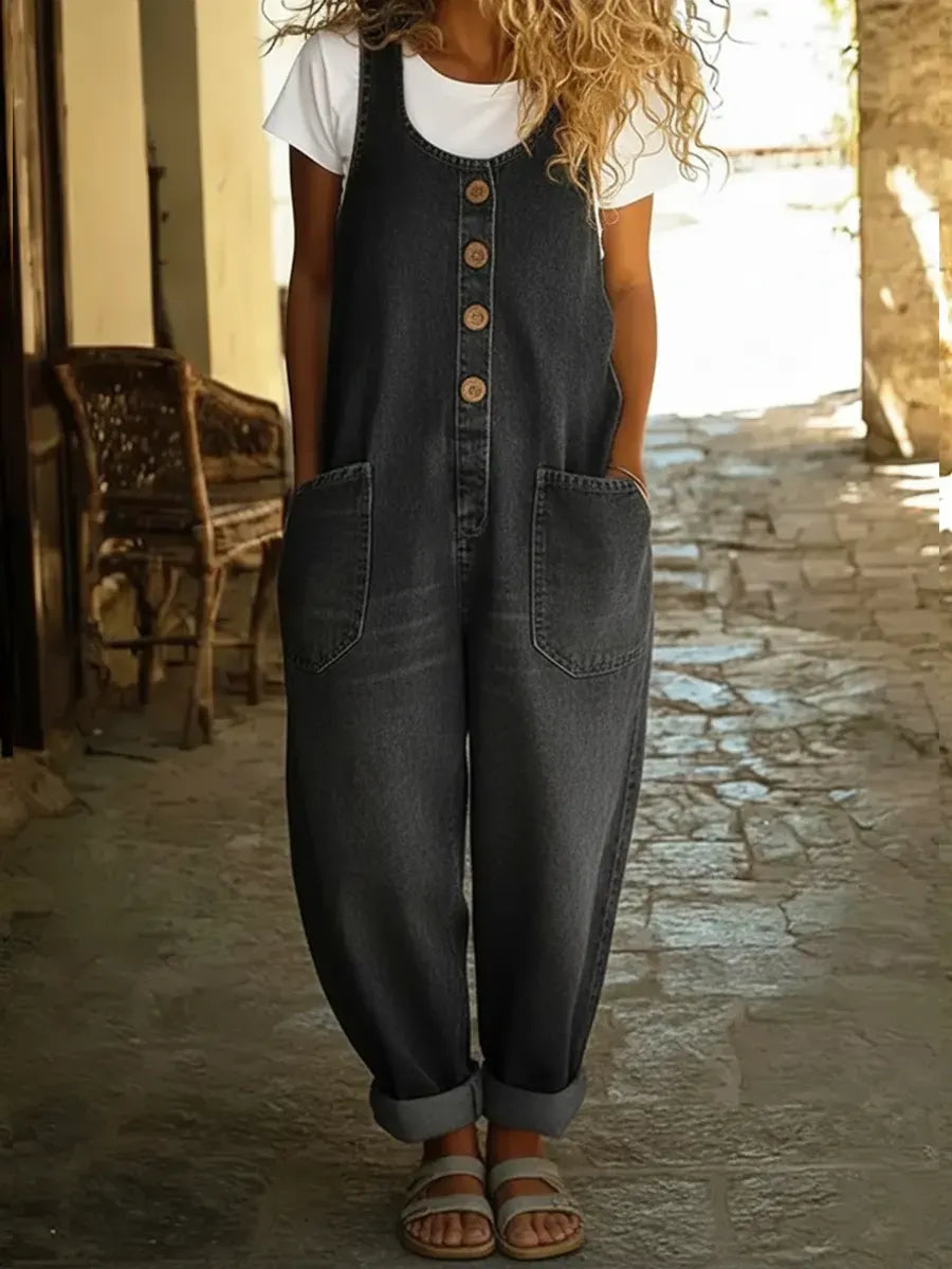 Women's Casual Cotton Vest And Denim Jumpsuit