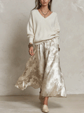 Elegant V-Neck Ribbed Sweater & Jacquard Skirt Set