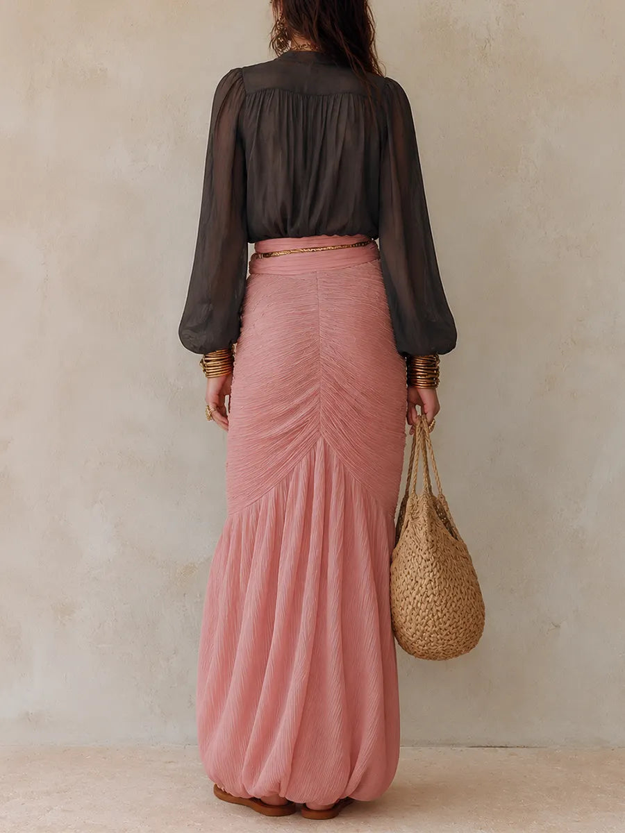 Boho Luxe Ensemble With Deep V Sheer Top & Flowing Pink Skirt ¨C Feminine Resort Style Maxi Skirt