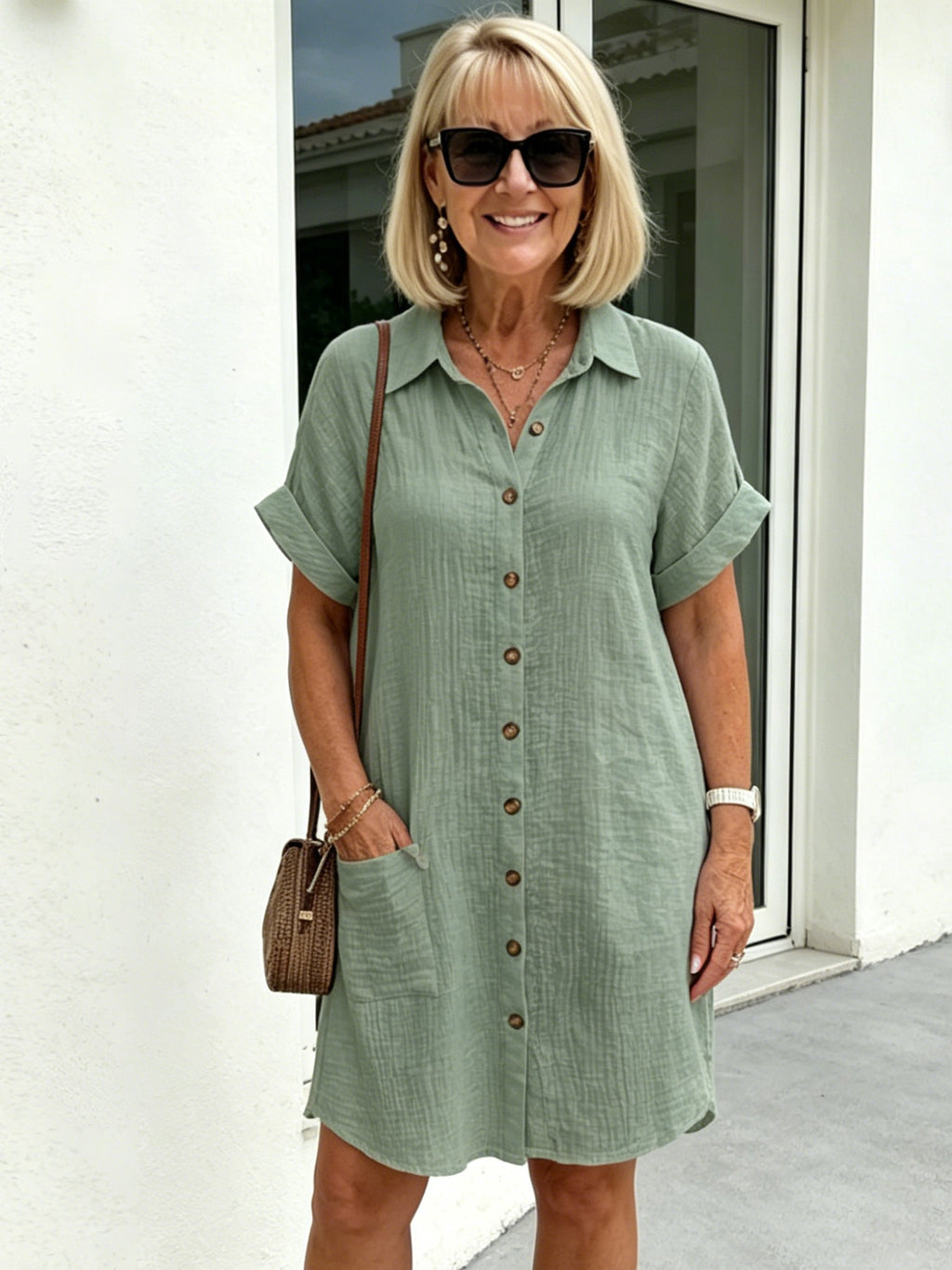 Solid Color Shirt Dress Simple, Made of Breathable, Featuring a Lapel Collar and Orderly Button Arrangement That Adds a Vintage Charm