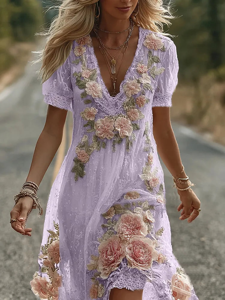 Women's Vintage Floral Embroidery V Neck Casual Midi Dress