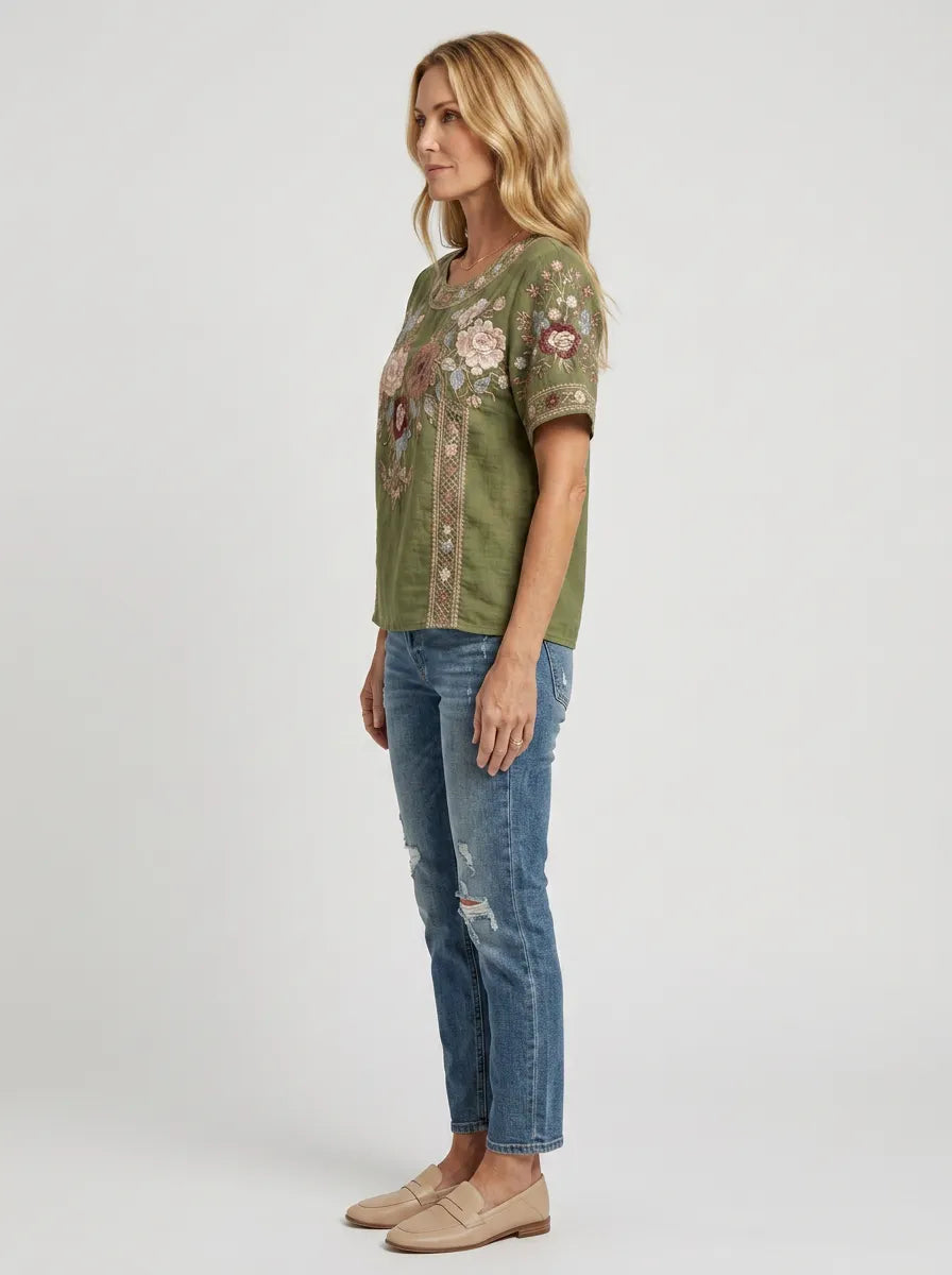 Women's Boho Floral Cotton Embroidered Printed T-shirt