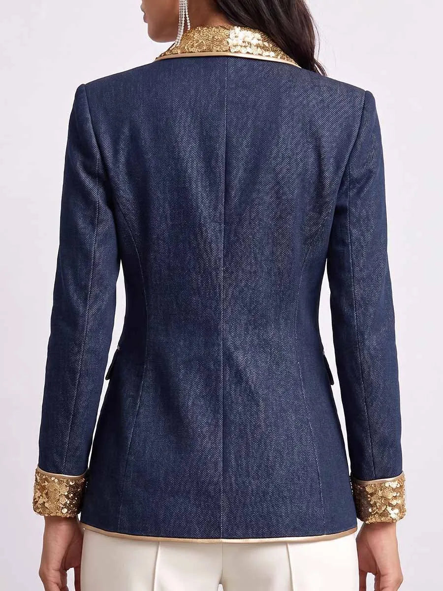 Women's Sequined Lapel Long-sleeved Casual Loose Cardigan With Gold Trim