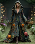Halloween Theme Ombre Pumpkin Spiderweb Embroidery Ruffle Hooded Dress 63f2