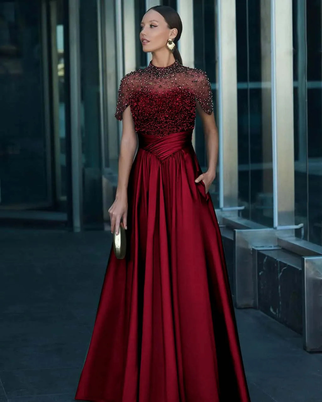 Tulle And Satin High-Neck Short Sleeves Long A-Line Pleated Prom Dress With Pockets And Beadings YK0542