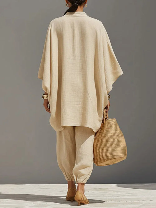 Women's Solid Color V-neck Long Sleeve Casual Loose Cotton Linen Top With Elastic Waist And Wide-leg Pants Set
