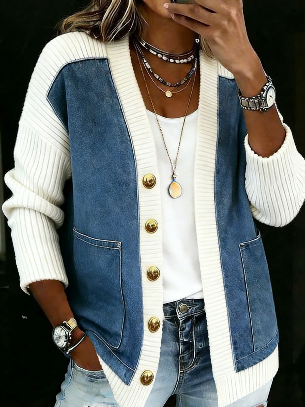 Women's Casual Long Sleeve Denim Patchwork Knit Cardigan