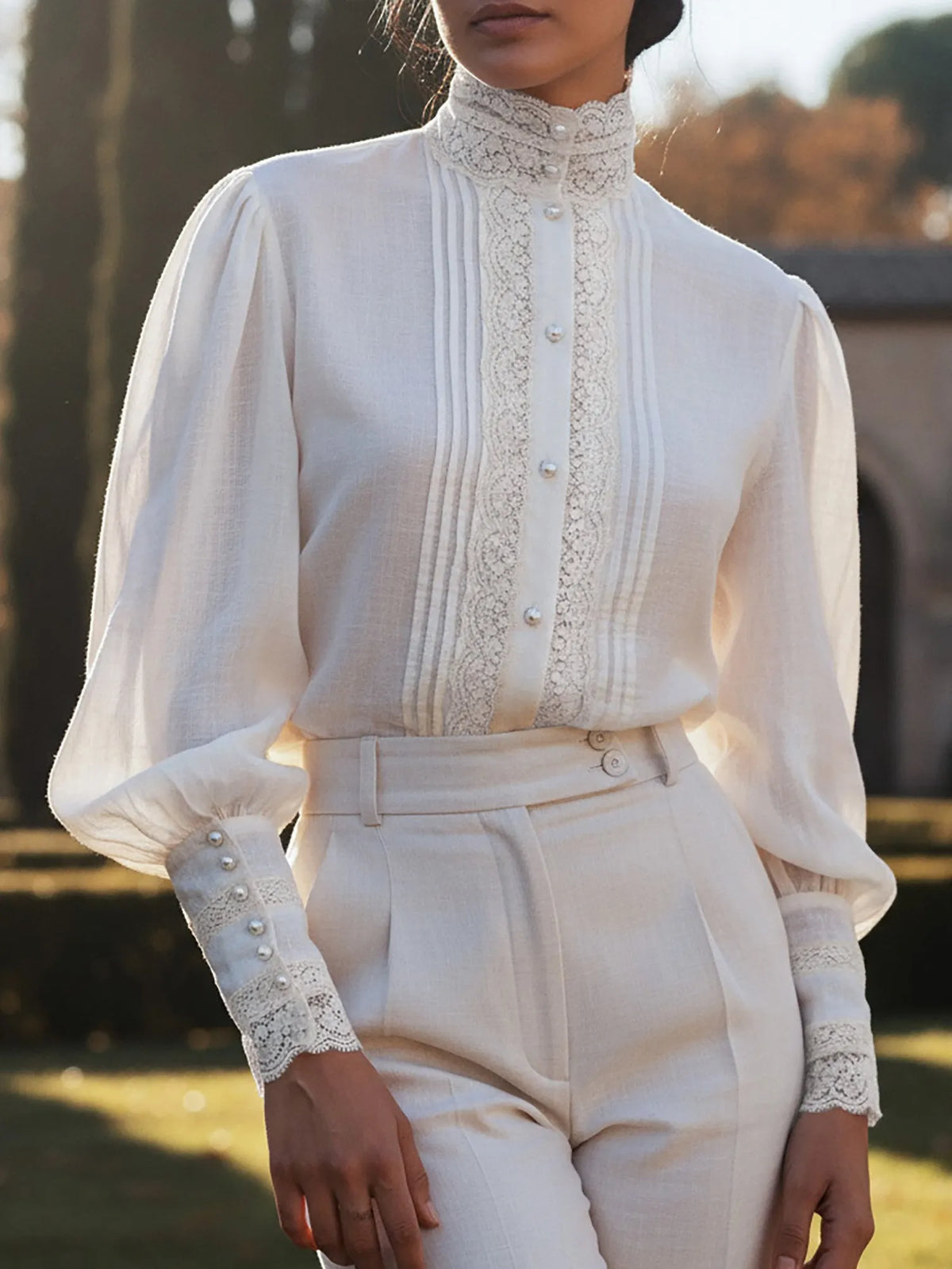 Linen Shirt, Long Sleeves, Stand Collar, Plain, Lace, Vintage, Ivory
