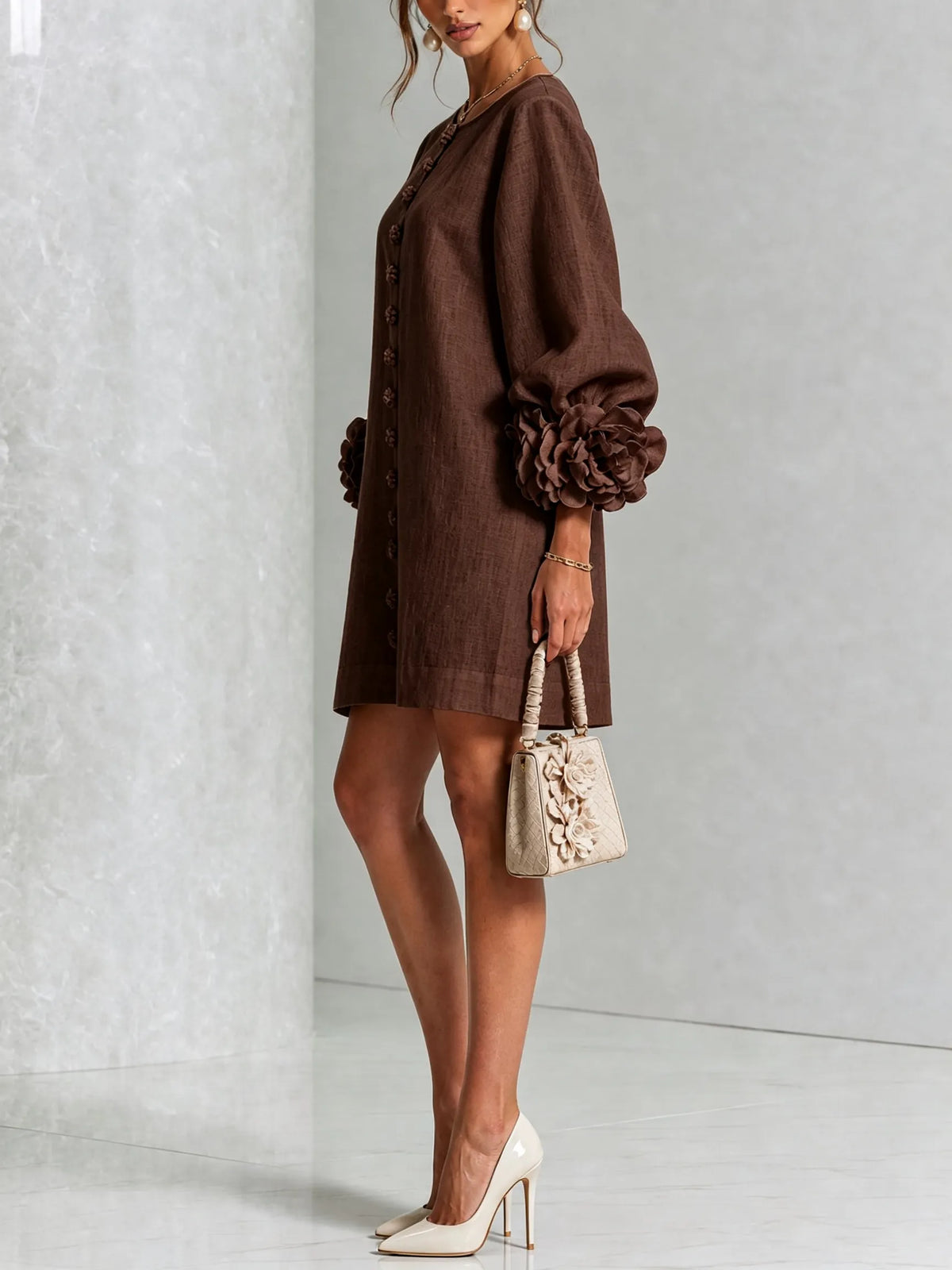 Chocolate Brown Floral Button-down Mini Dress With Striking Floral Cuffs