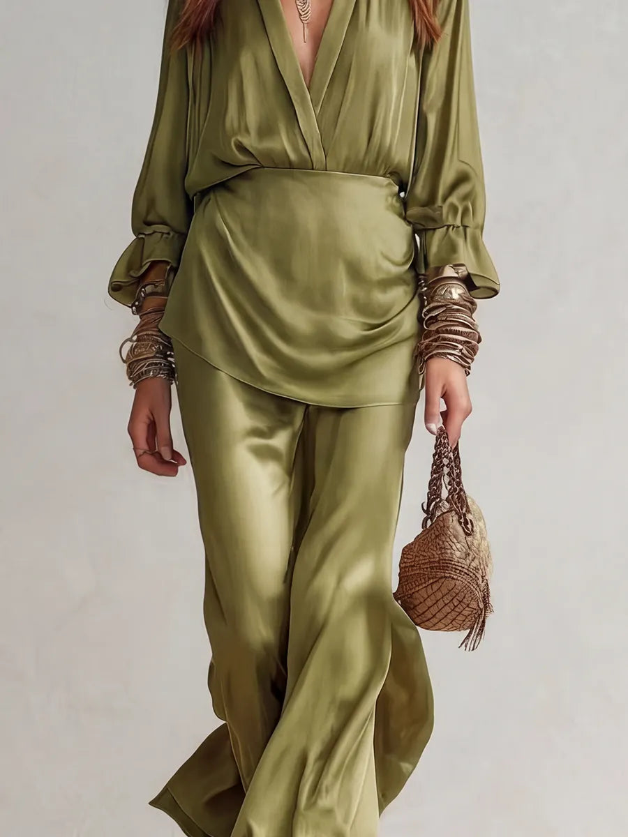 Bohemian Style Olive Green V Neck Fitted Suit