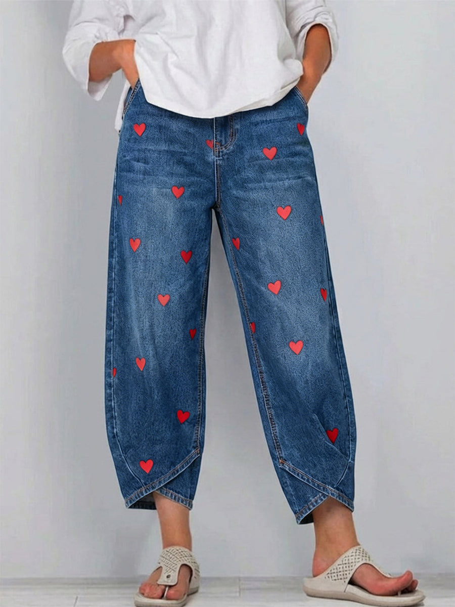 Women's Valentine's Day Heart Art Prints Casual Denim Cotton Pants