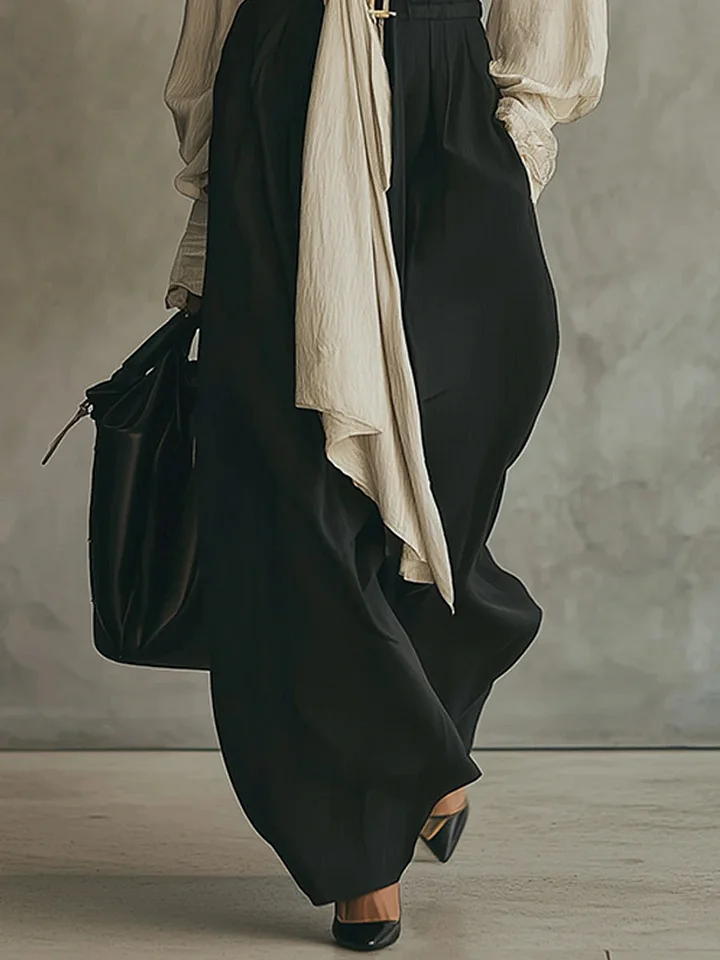 Elegant Minimalist Tie Shirt And Wide-leg Pants Two-piece Set