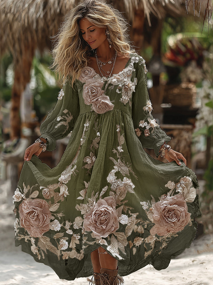 Women's Vintage Romantic White Rose Embroidery Art Comfy Linen Maxi Dress
