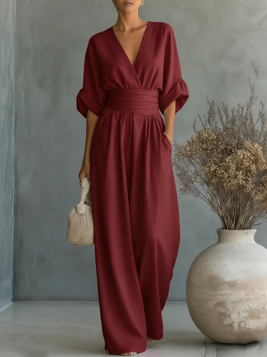 Elegant V-neck High-waisted Loose Jumpsuit