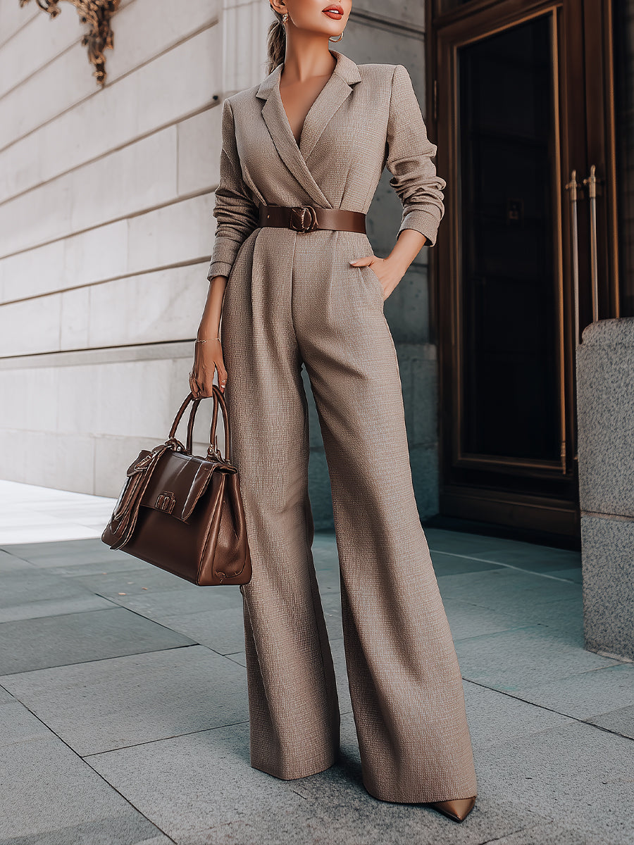 Taupe Belted Blazer Jumpsuit With Wide-Leg Silhouette