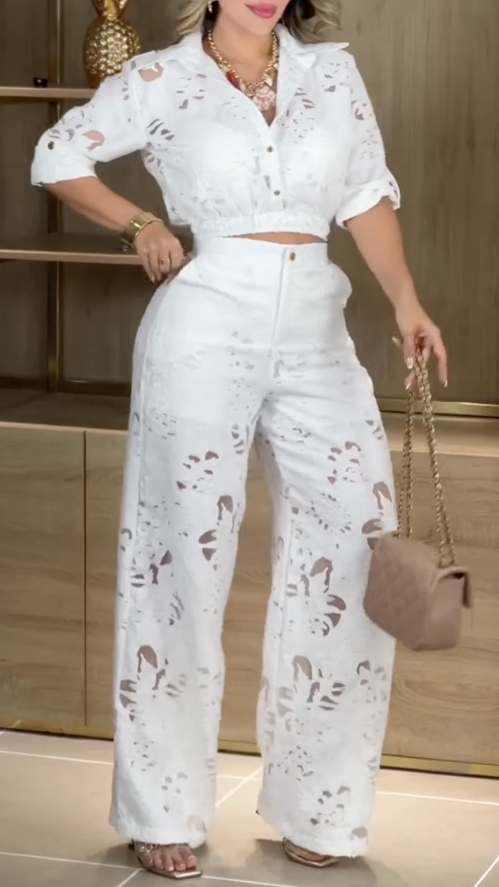 Cutwork Lace Crop Shirt & Wide‐Leg Pants Co‐Ord Set
