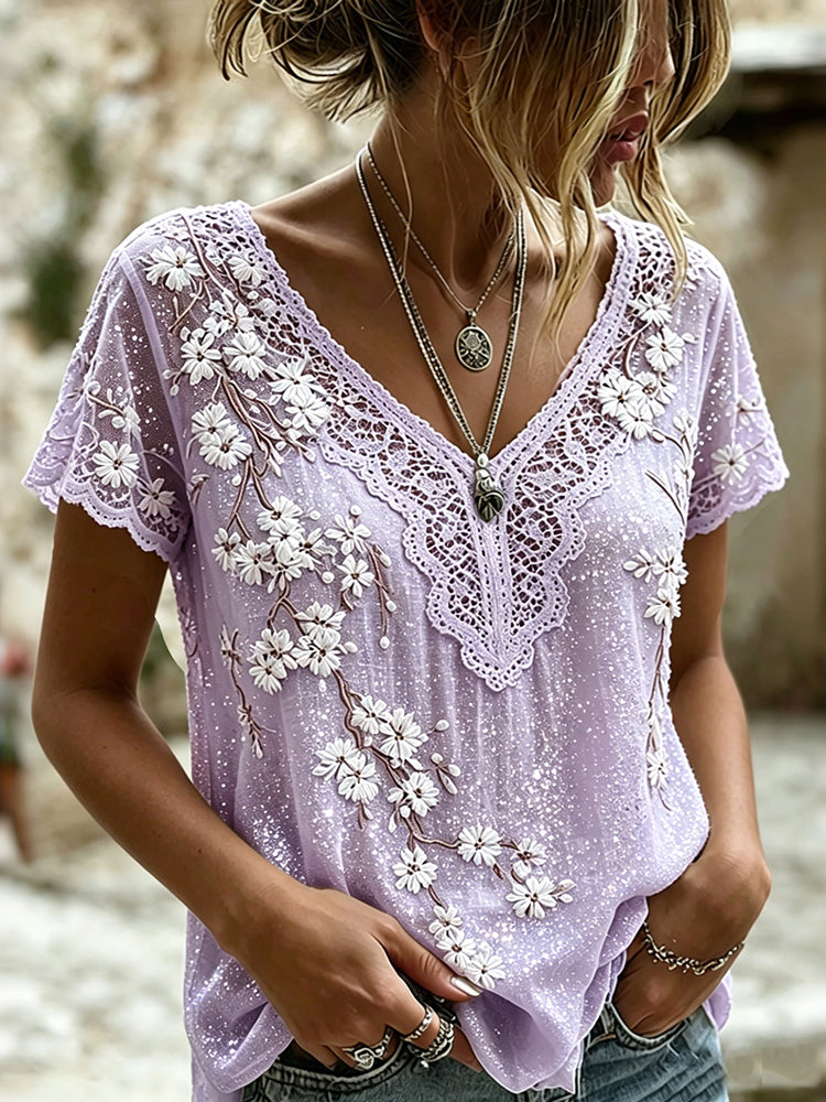Women's Vintage Floral Art V Neck Casual Linen Blend Top