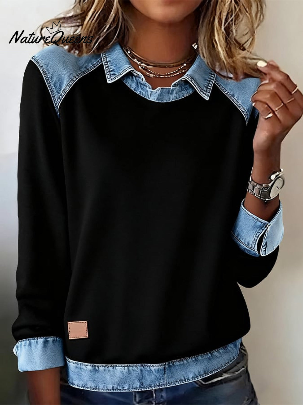 Women'S Casual Lapel Denim Stitching Pullover Sweatshirt