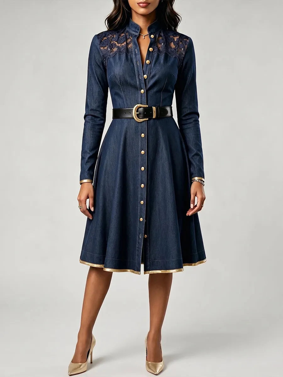Elegant And Refined Patchwork Denim Dress With Lace And Button Details.